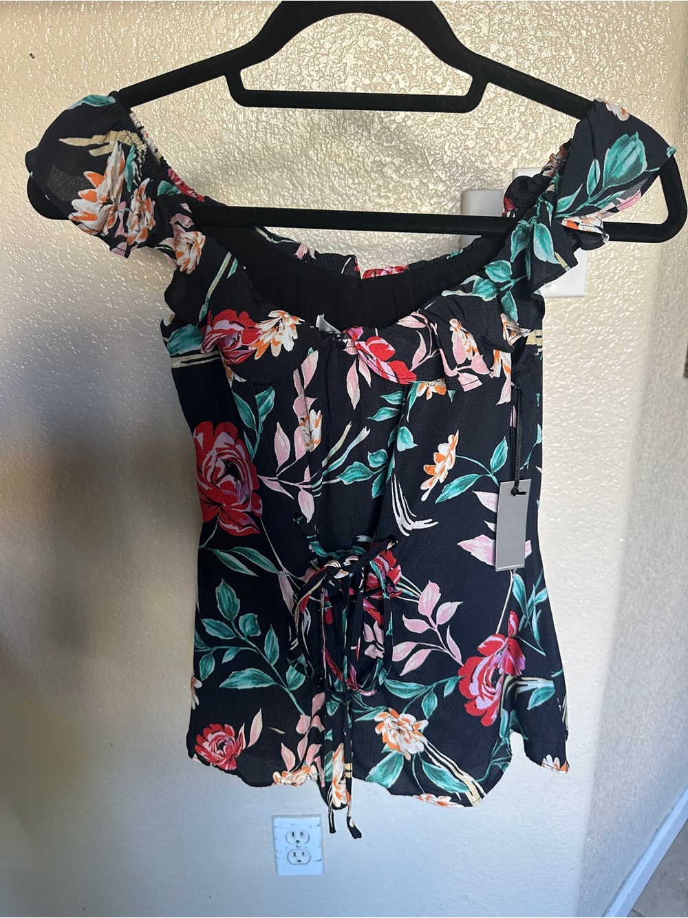 Lovers + Friends Black Floral Off-Shoulder Camisole with Pink & Green Accents